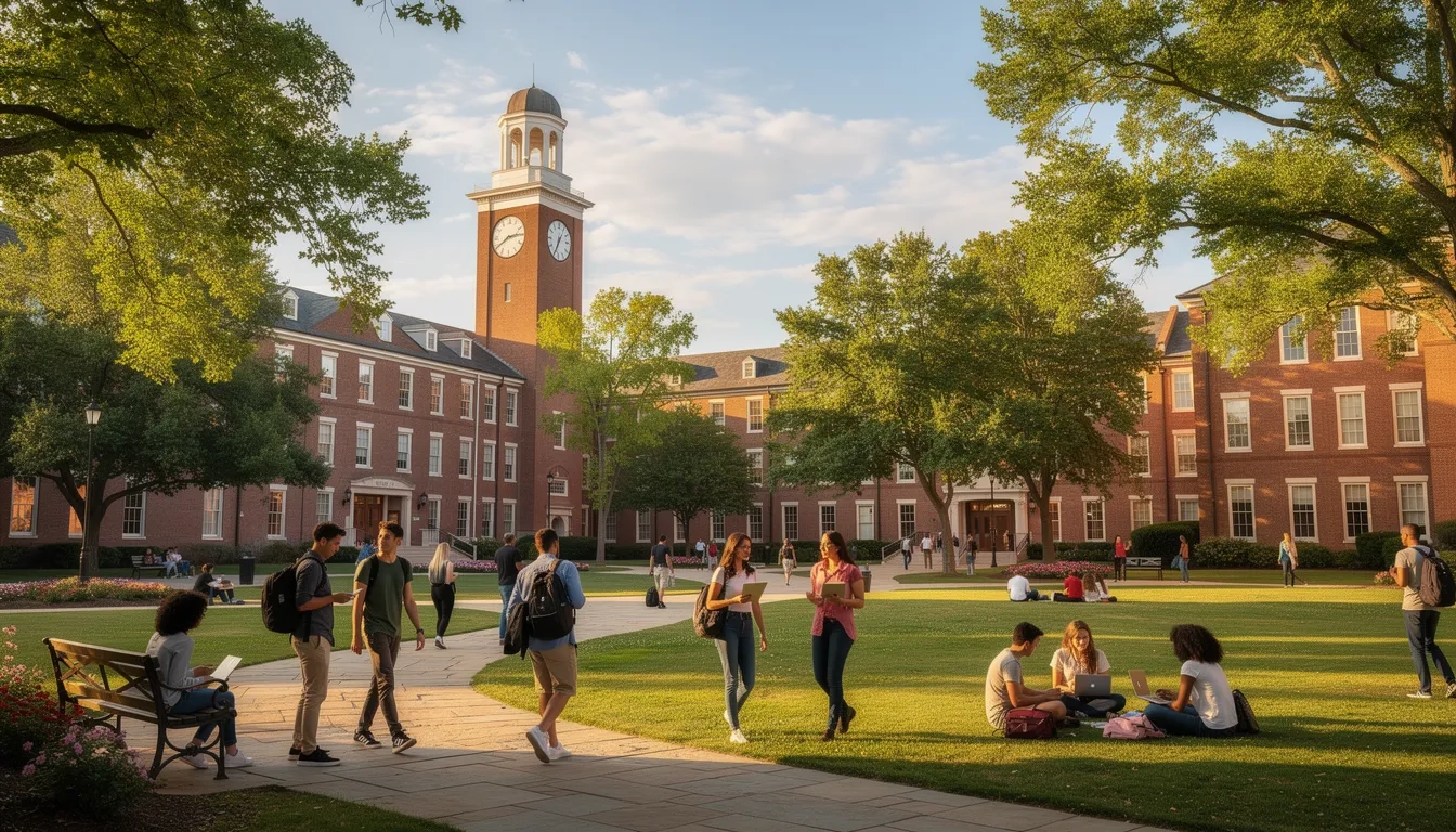 University campus quad with students walking between buildings