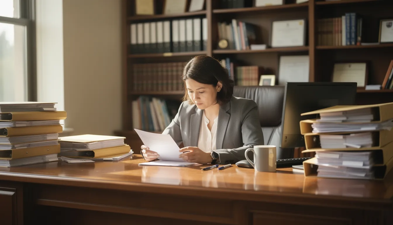 An admissions officer carefully reading a college application essay at their desk