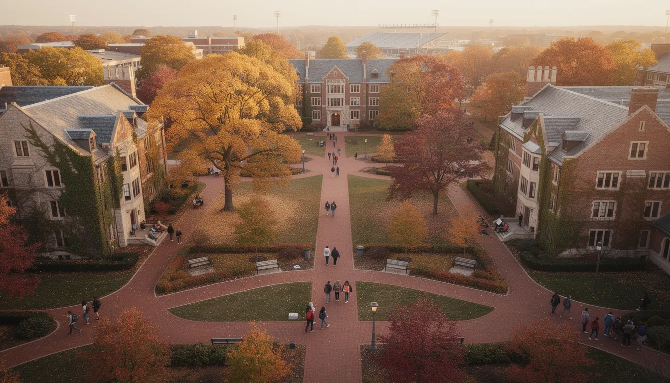 Aerial view of a college campus in autumn with students walking between buildings