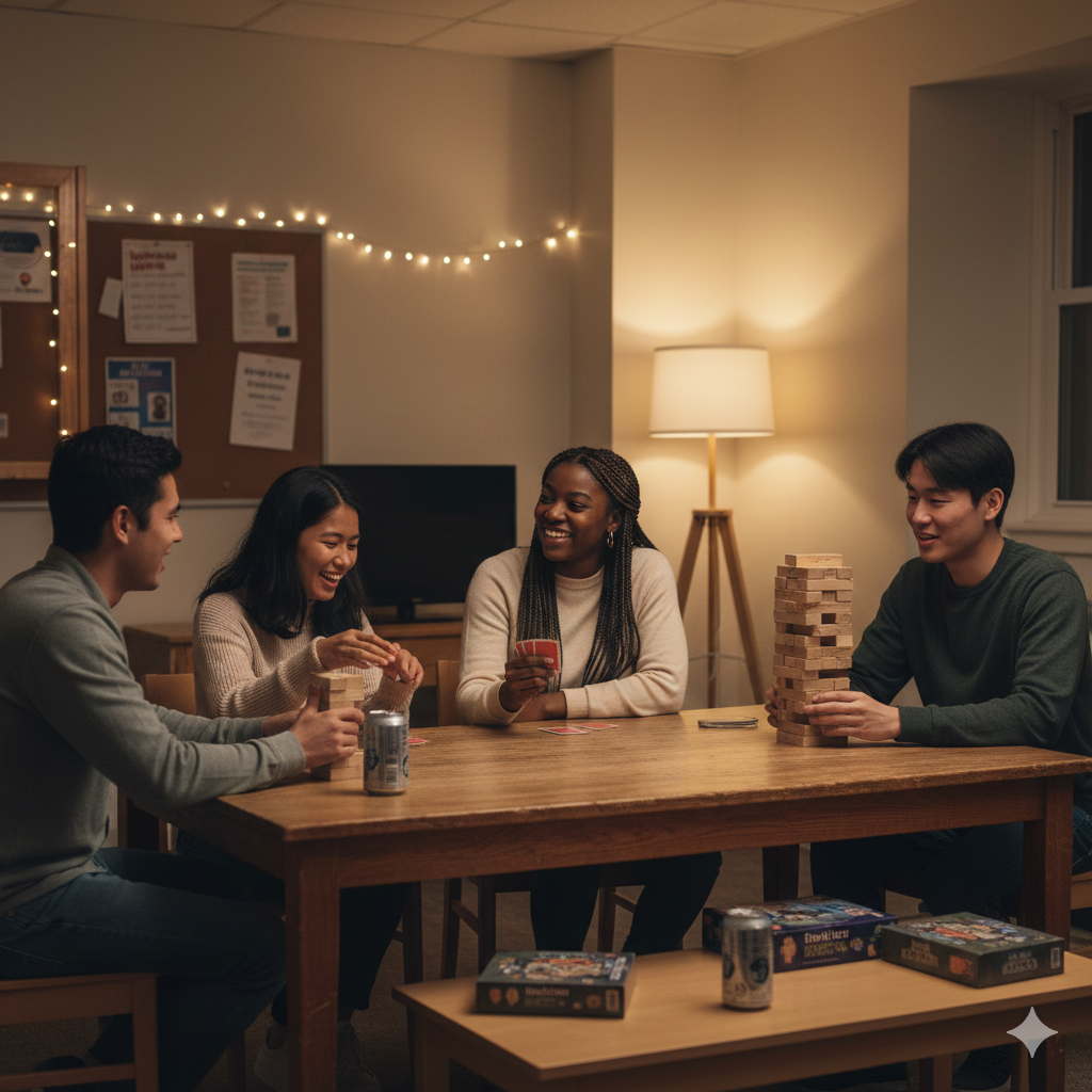 students in a campus common space talking to combat feeling alone