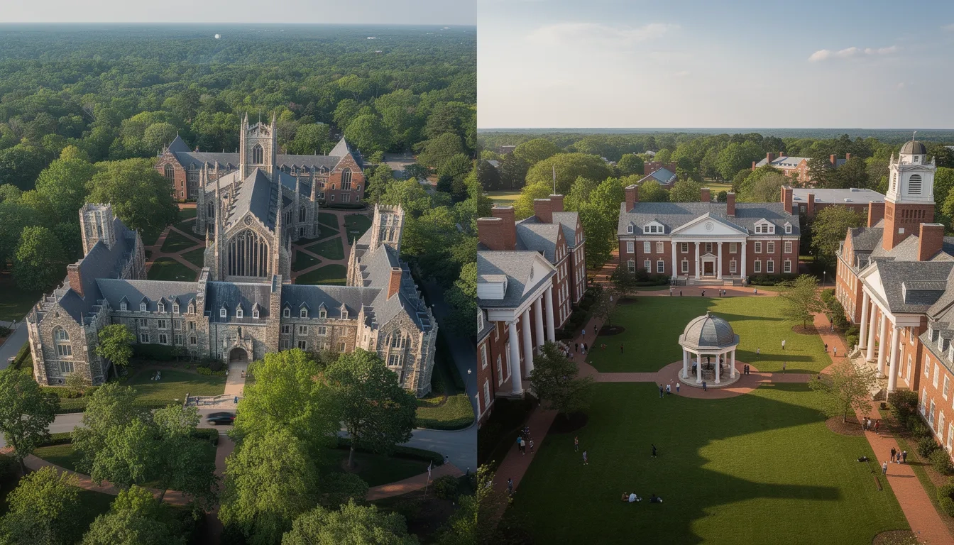 Aerial view of Duke University's Gothic campus on the left and UNC Chapel Hill's colonial campus on the right