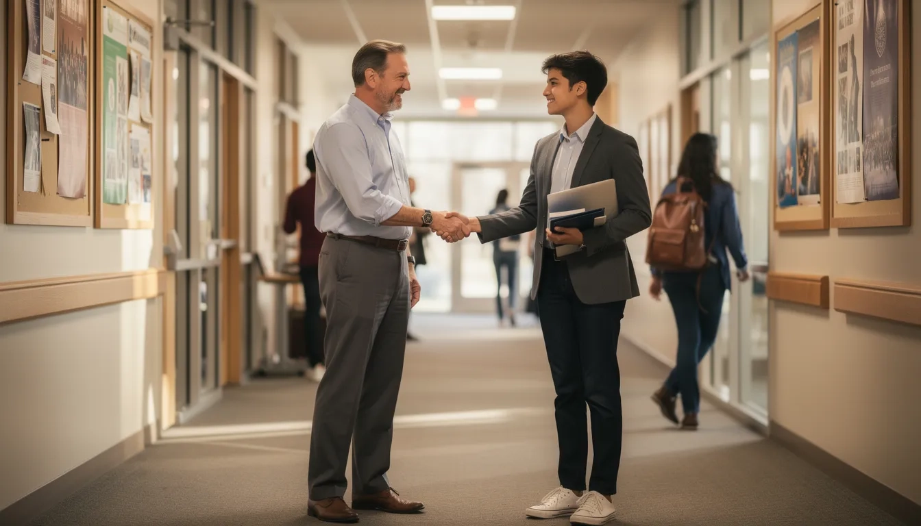 A professor shaking hands with a student in a university hallway
