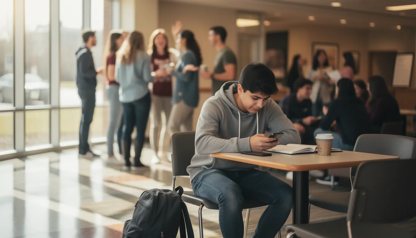A college student sitting alone in a busy campus common area, looking at their phone while surrounded by groups of students socializing