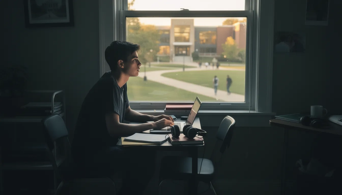 Student studying online while looking toward a university campus
