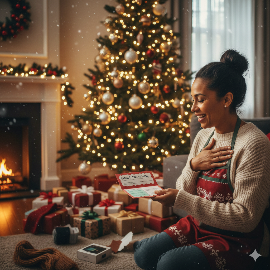 Mom receiving a low-cost gift of a homemade coupon book while celebrating the holidays on a student budget