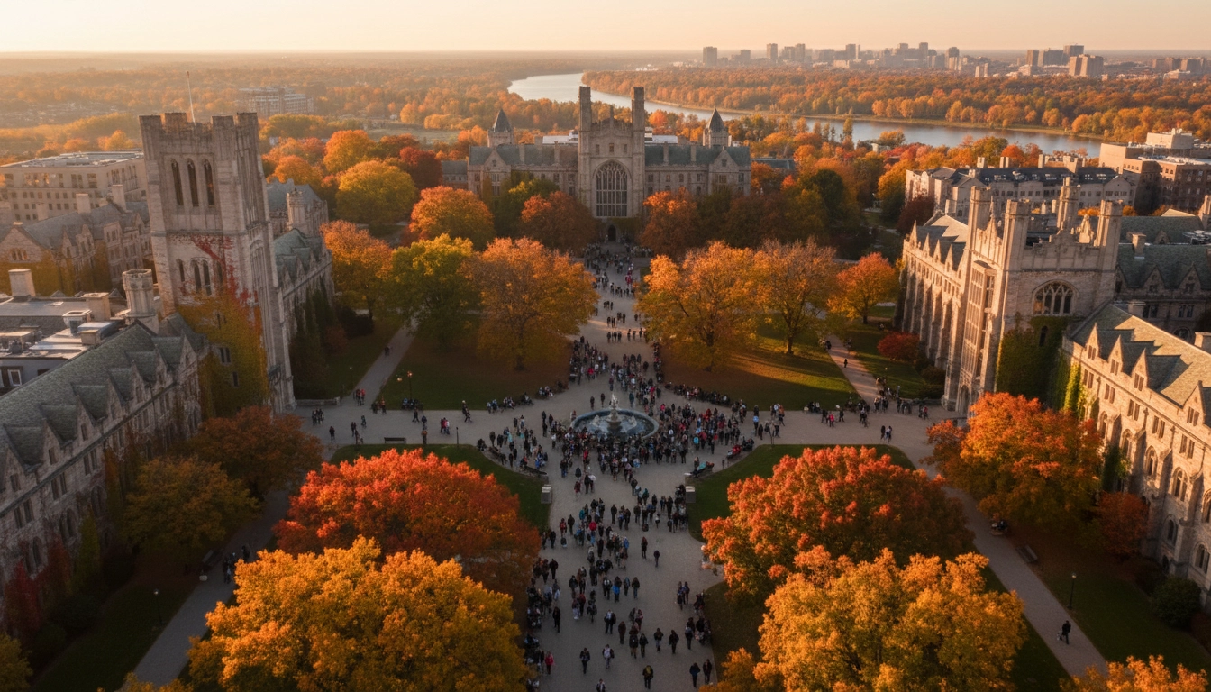 Aerial view of a university campus in autumn