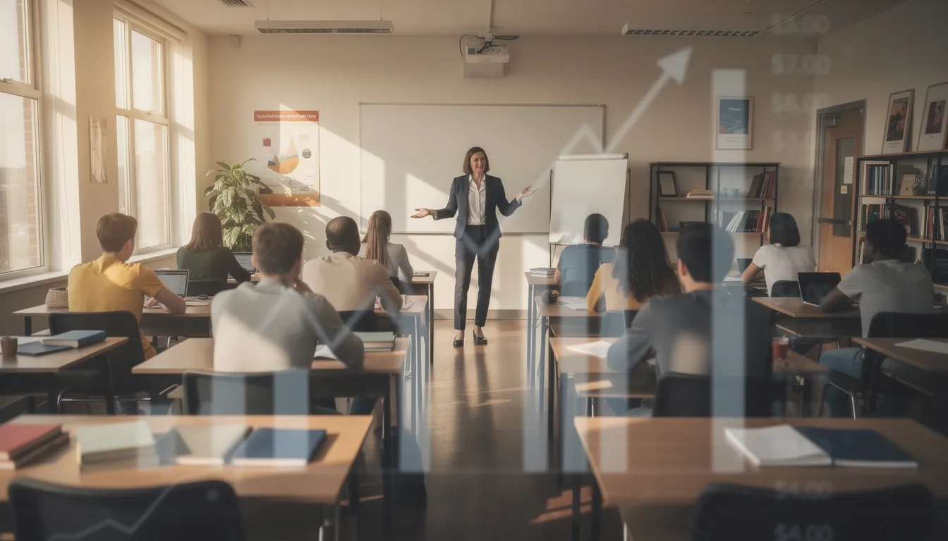 Teacher standing in a sunlit classroom with a blurred salary chart overlay