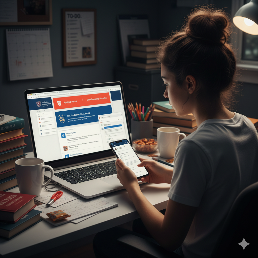 student emailing on her phone