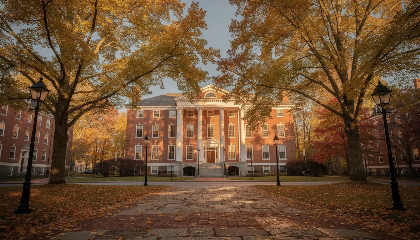 Historic brick university building along a tree-lined avenue in autumn