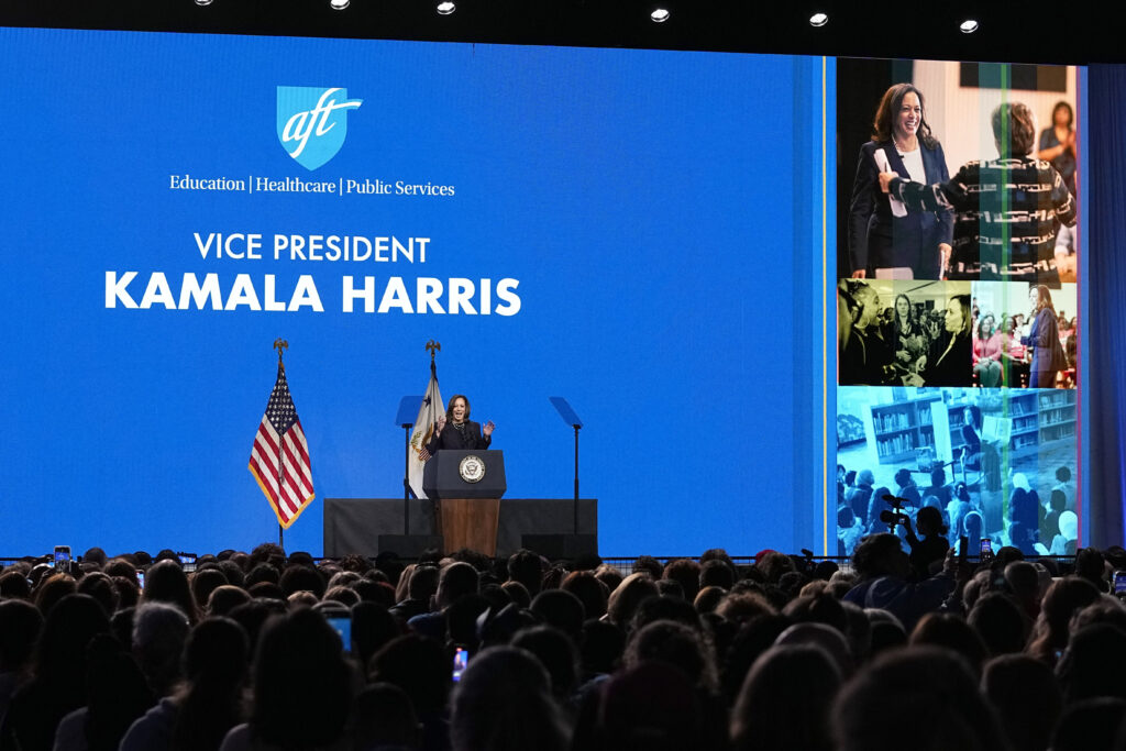 ‘Bring it on,’ Kamala Harris says in fiery speech to teachers’ union