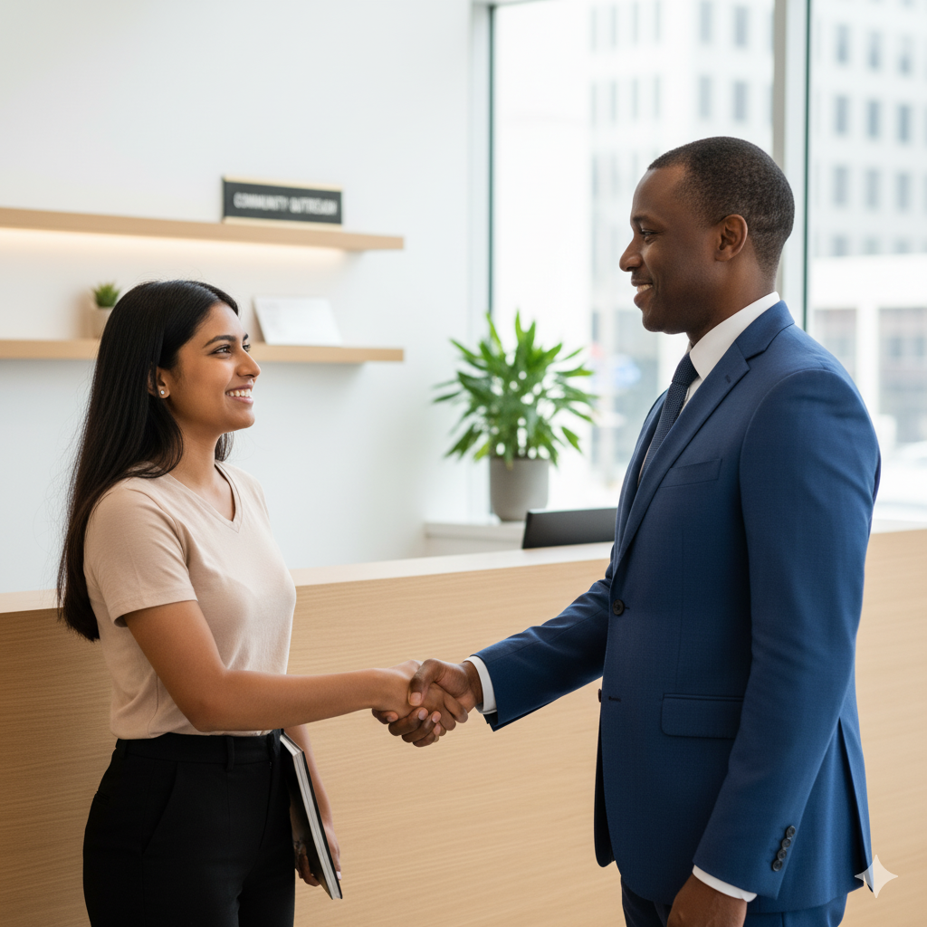 student shaking hands with scholarship provider