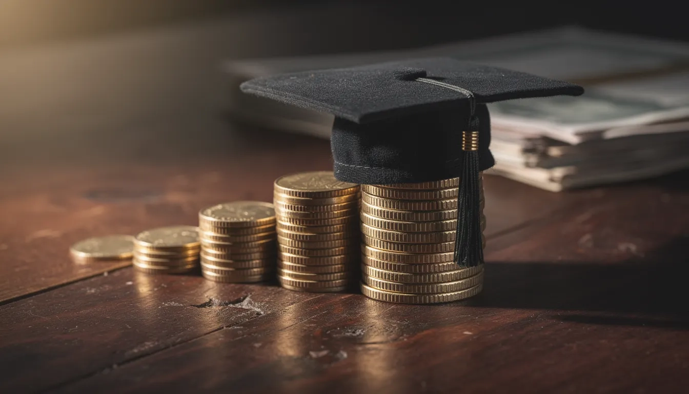 Miniature graduation cap atop a staircase of coins symbolizing rising education costs