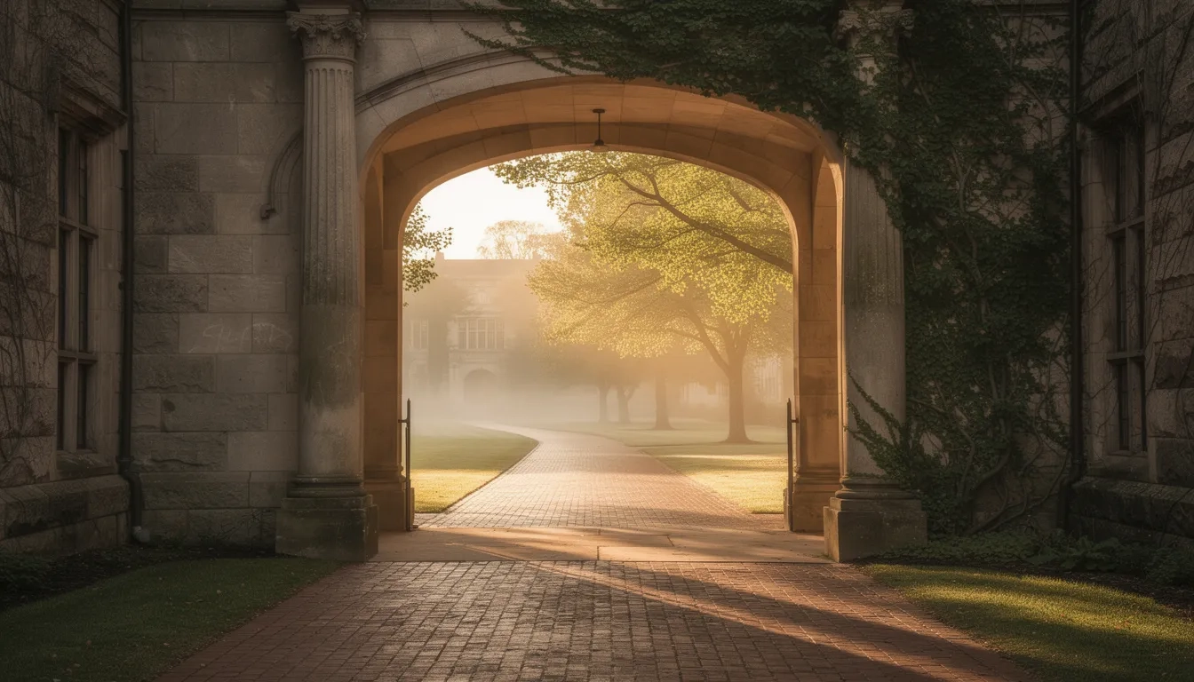 Sunlit university archway with a pathway splitting in two directions across a quad