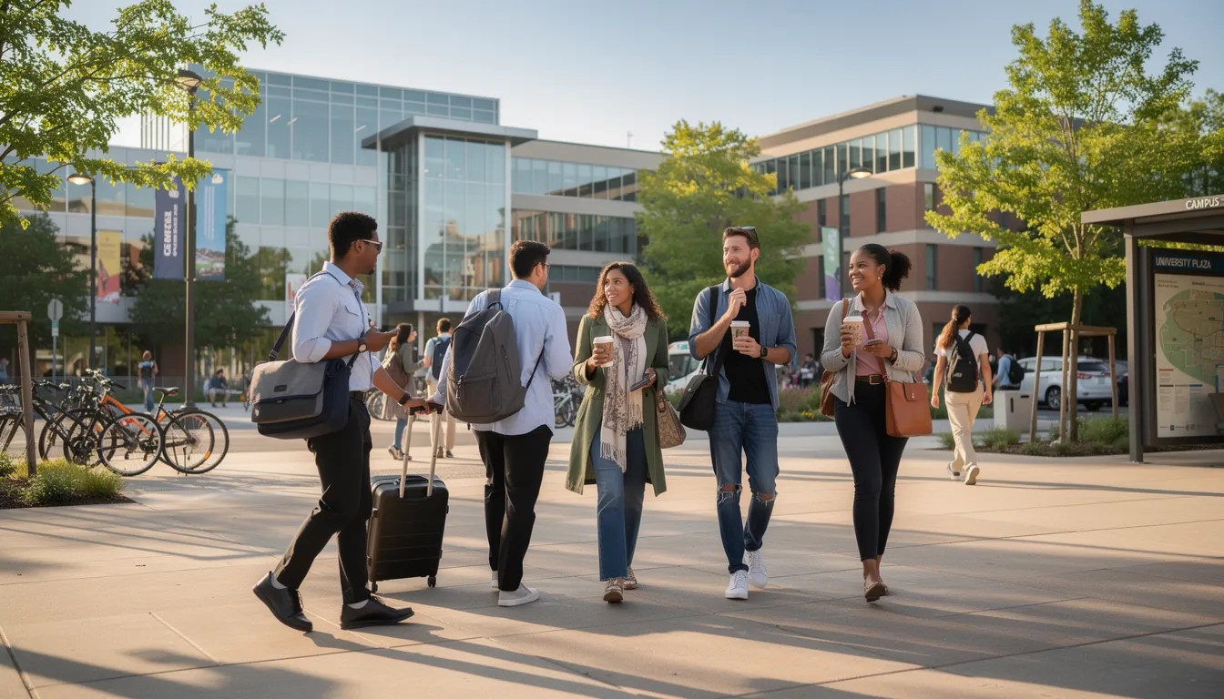 Commuter students arriving on campus in the morning