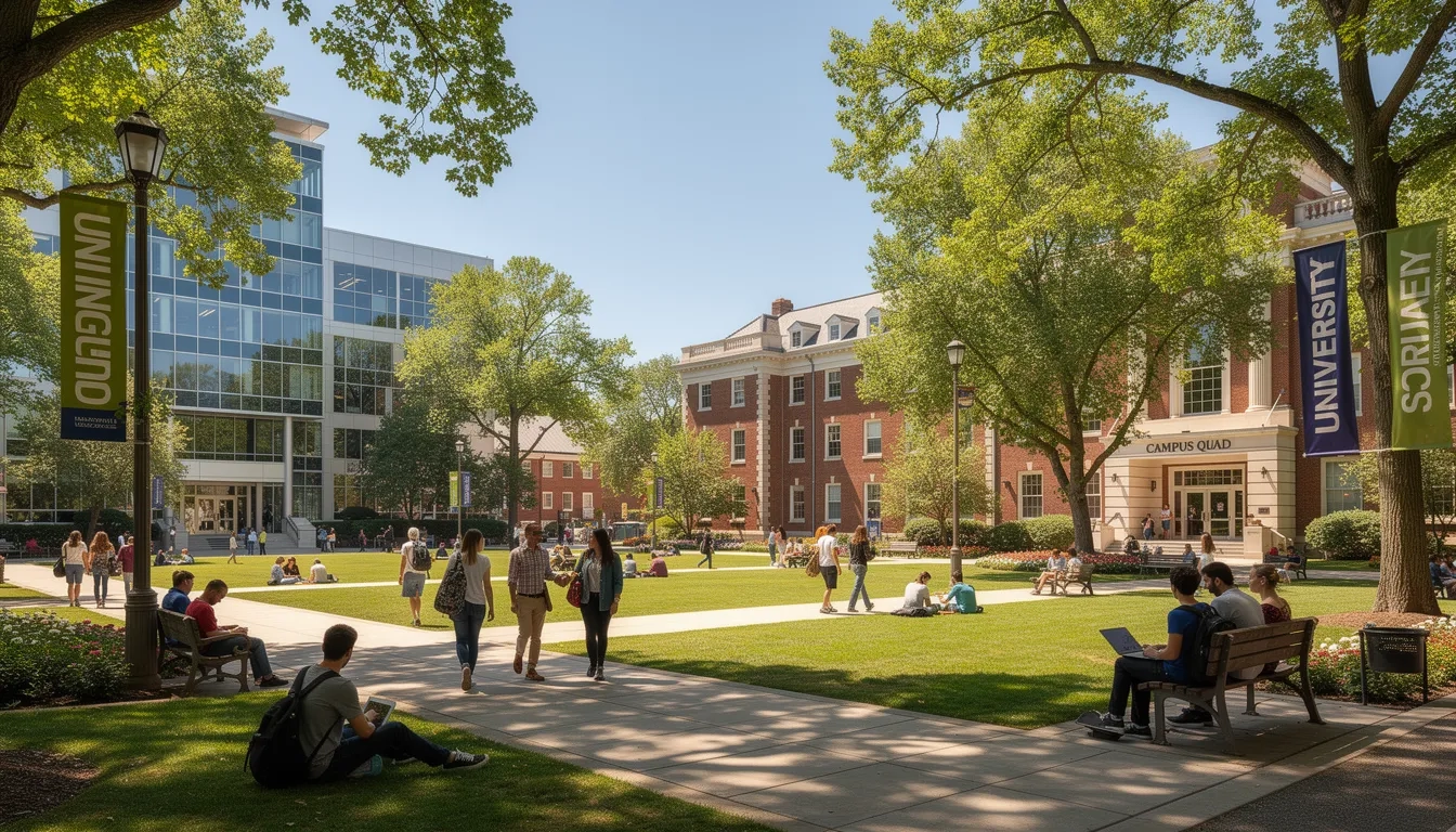 Students walking across a university campus quad