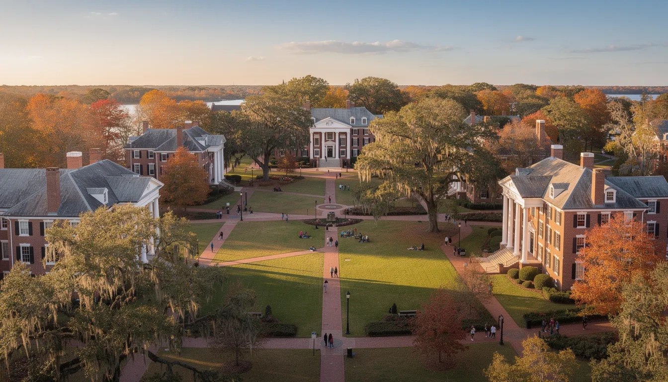 Aerial view of a South Carolina university campus with historic red-brick buildings and oak trees