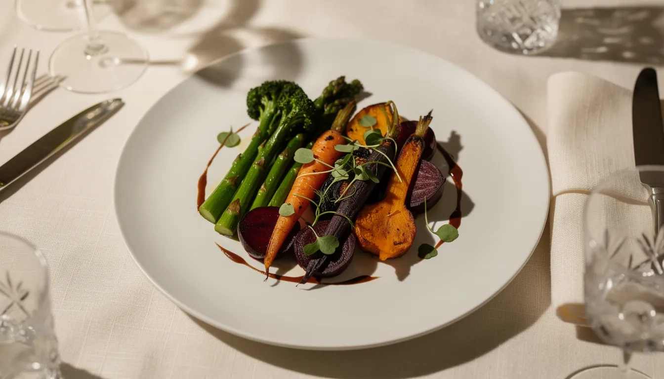 Artfully plated vegan dish with roasted vegetables and microgreens on elegant white ceramic tableware