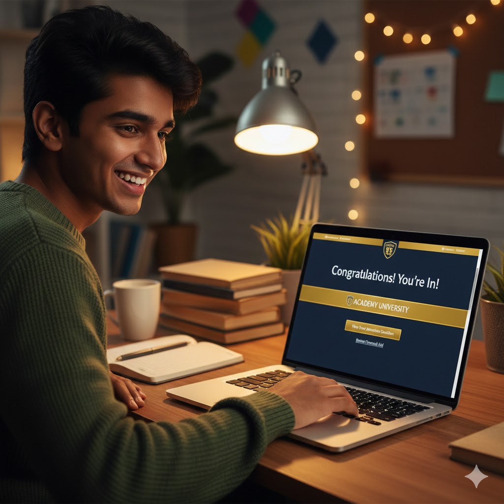 student on laptop got accepted - admission decision