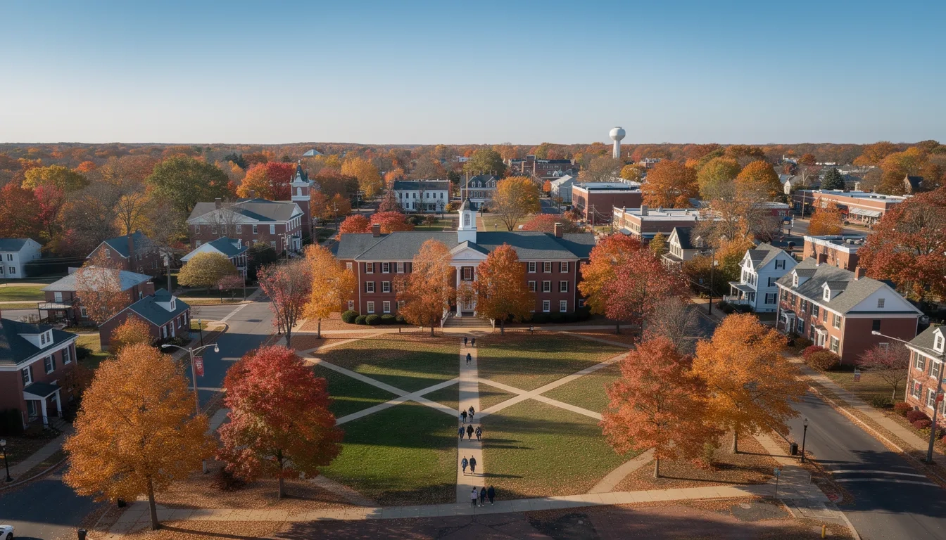 Aerial view of a Delaware college town in autumn