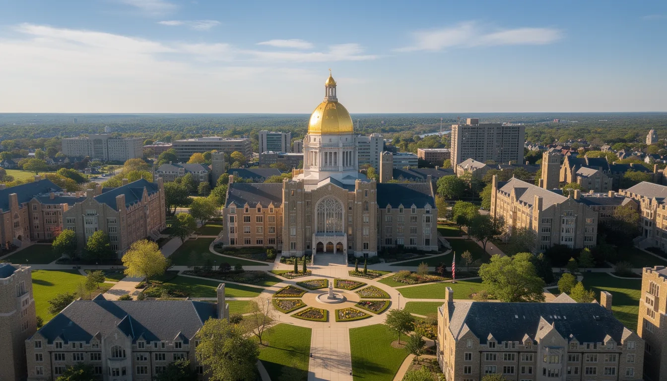 Aerial view of University of Notre Dame campus with the Golden Dome