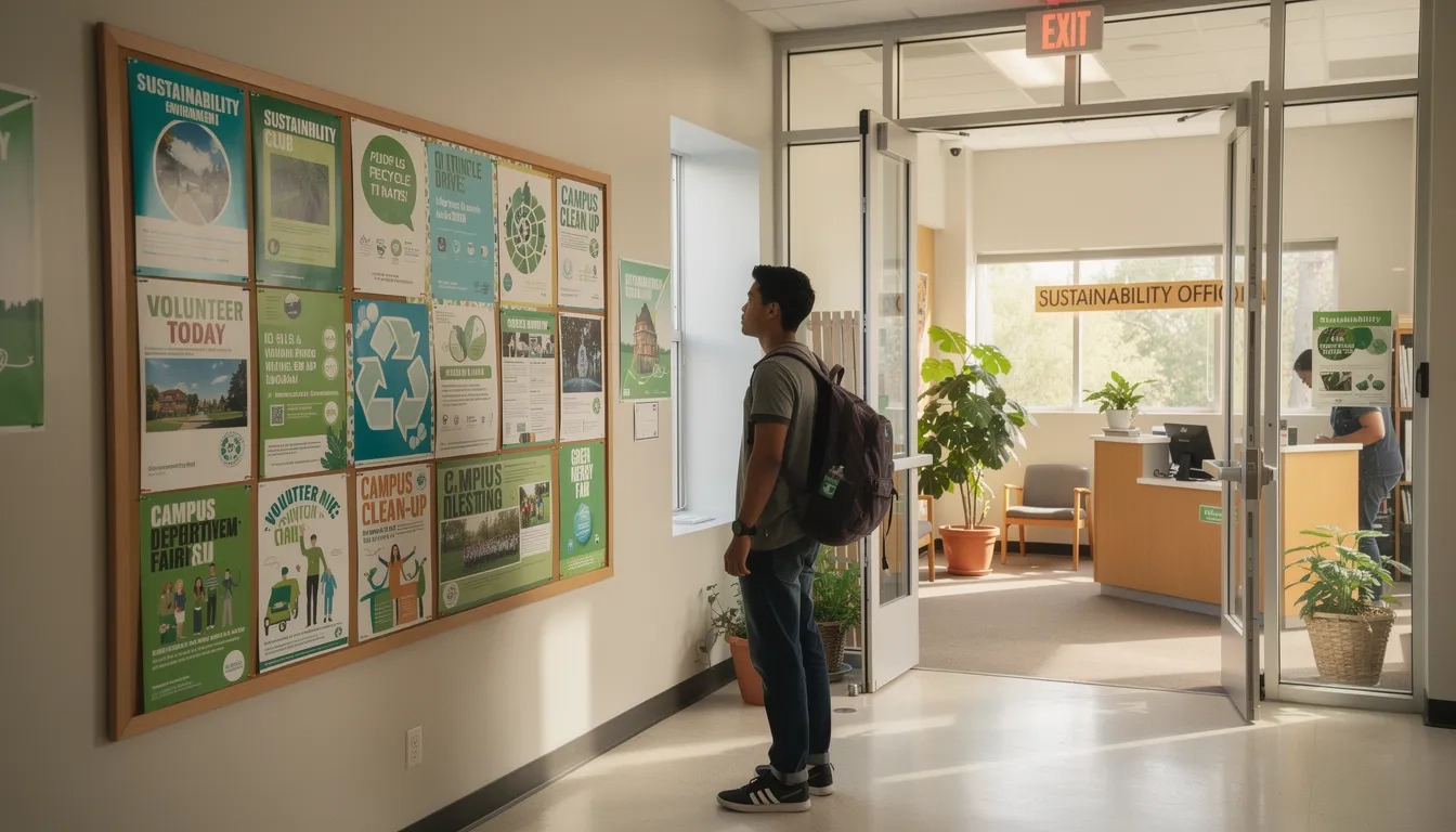 Student exploring campus sustainability opportunities on a bulletin board