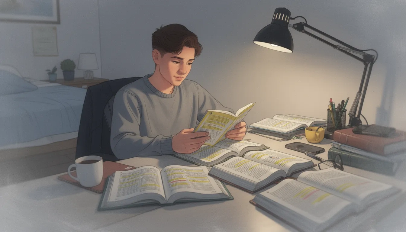 Student re-reading highlighted notes at a desk, looking confident but surrounded by fading text illustrating the fluency illusion