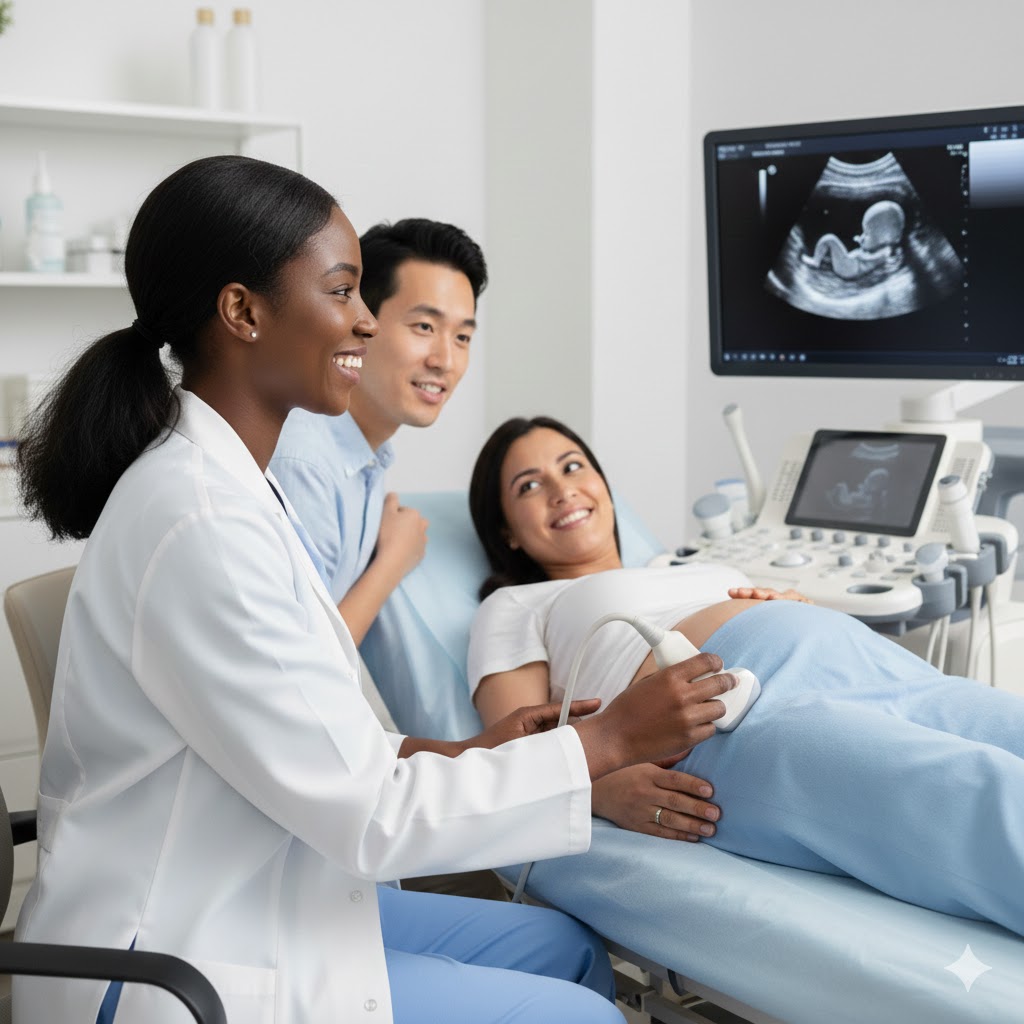 diagnostic medical sonographer with patient students walking in front of a trade school students touring community college campus - career in the trades
