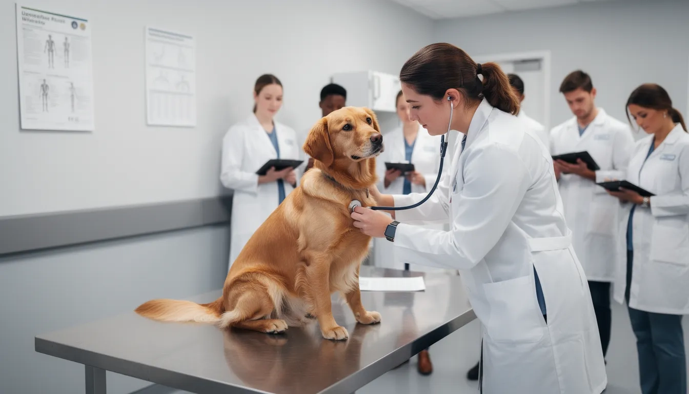 Veterinary student examining a dog at a university teaching hospital