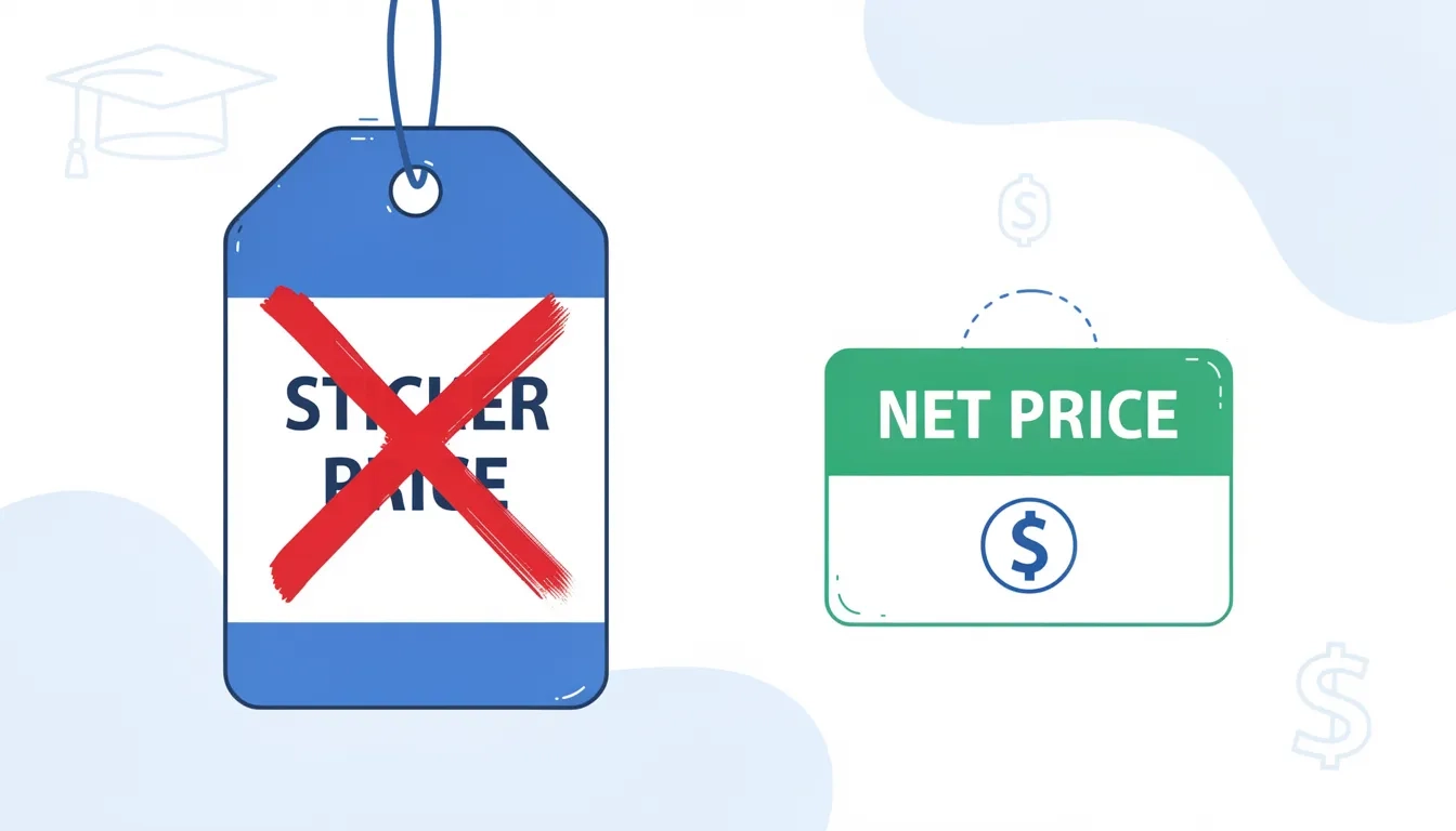 A college brochure with a large sticker price crossed out, revealing a much lower net price underneath
