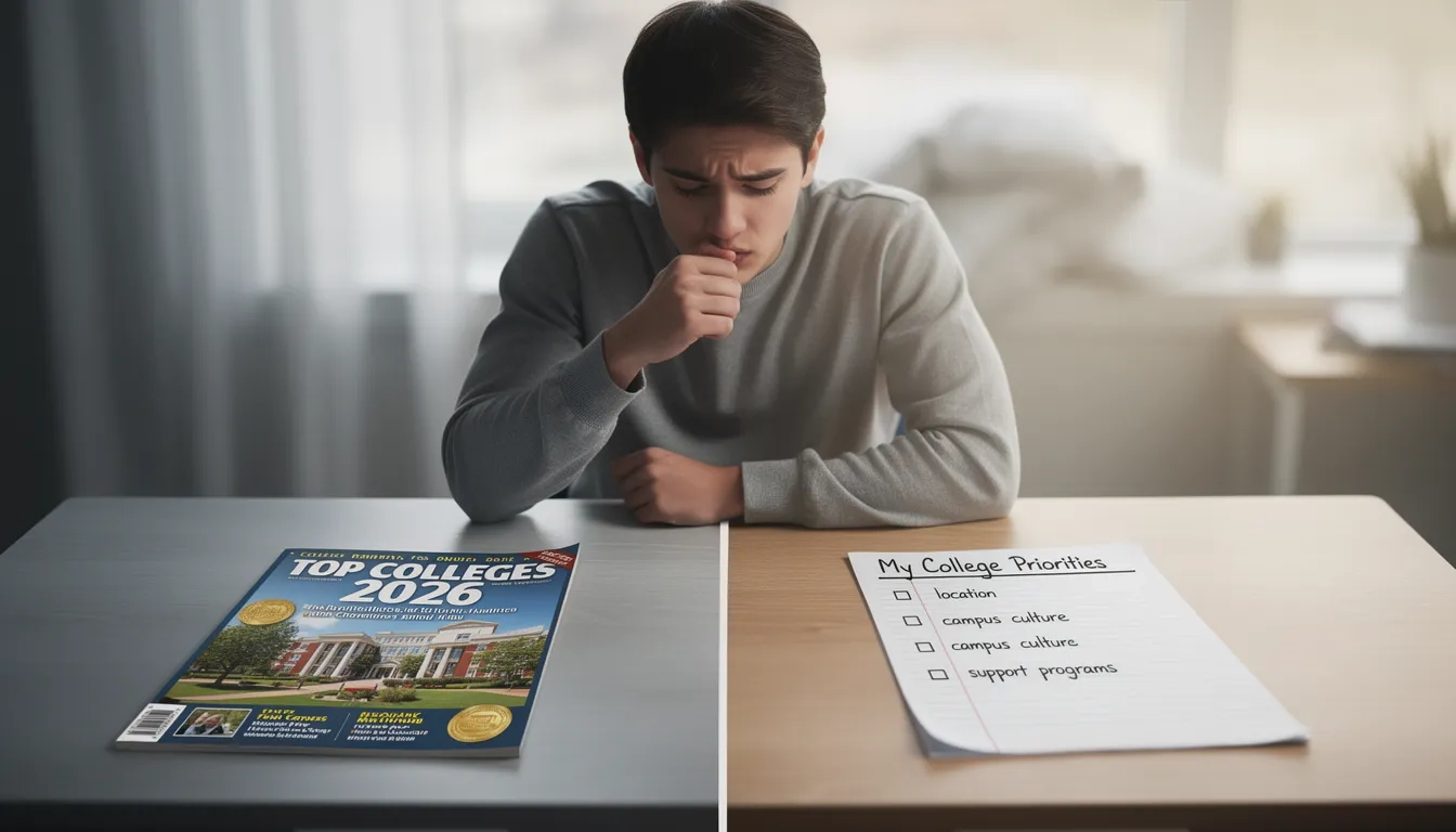 Student comparing college rankings with a personal fit checklist