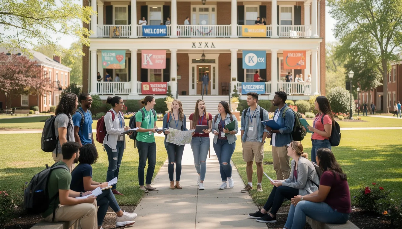 Students gathered outside a fraternity house during rush week, with banners and a welcoming atmosphere on a college campus