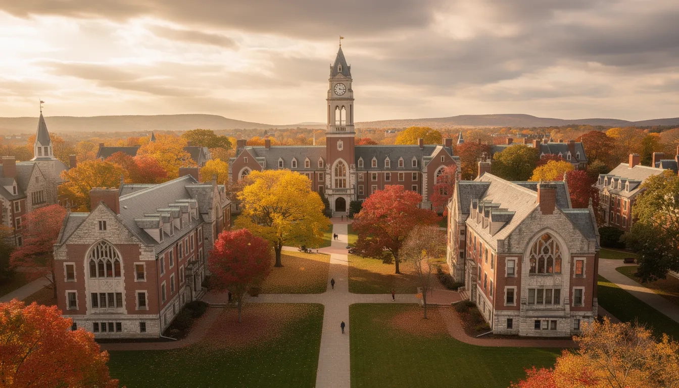 Aerial view of a New England college campus in autumn with historic architecture and fall foliage