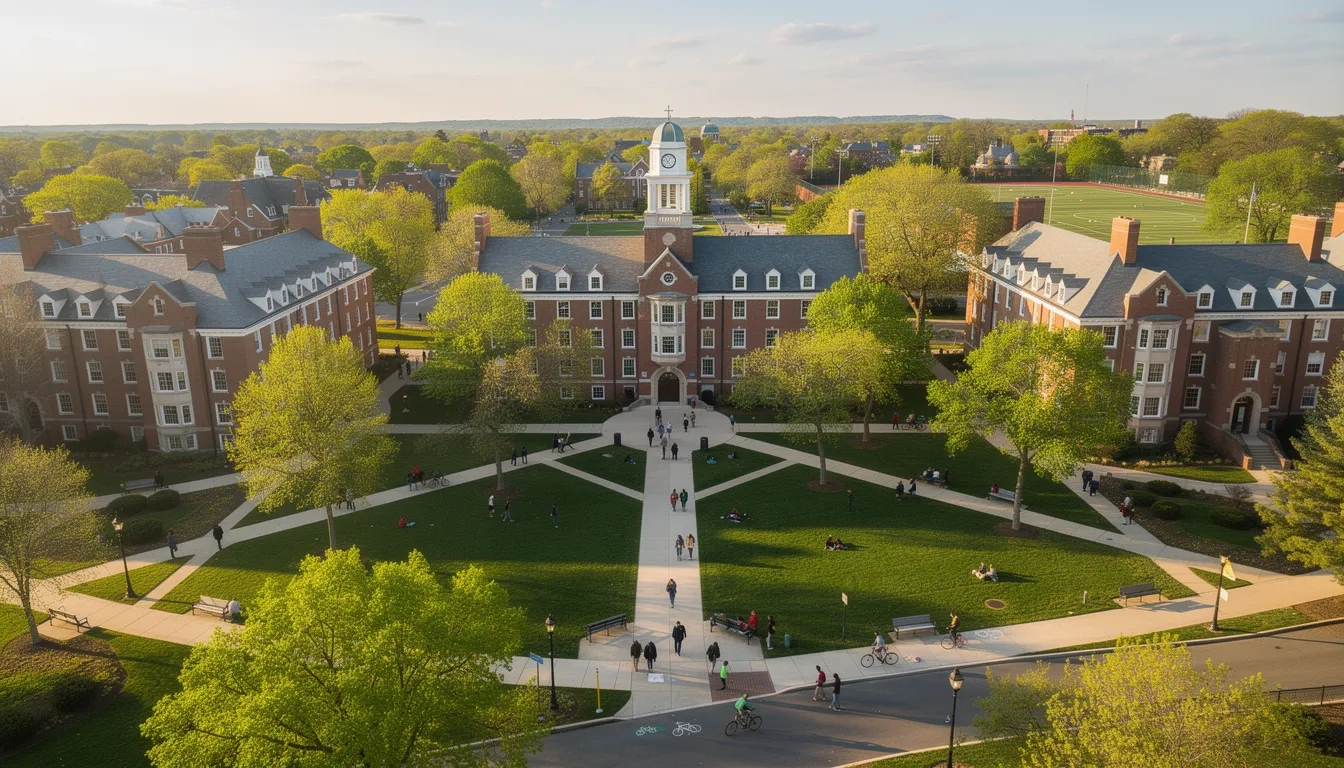 Aerial view of a traditional American university campus