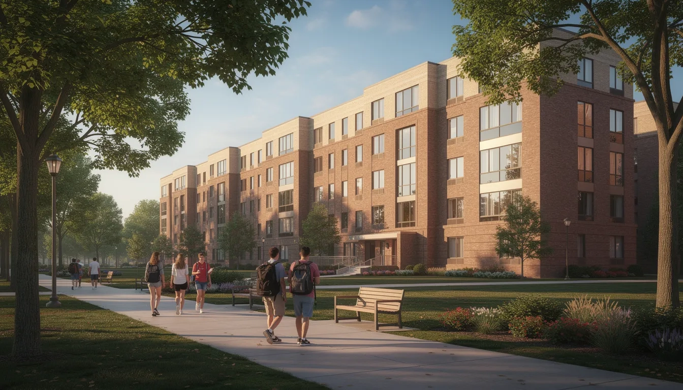 College dormitory building exterior on a university campus with students walking outside