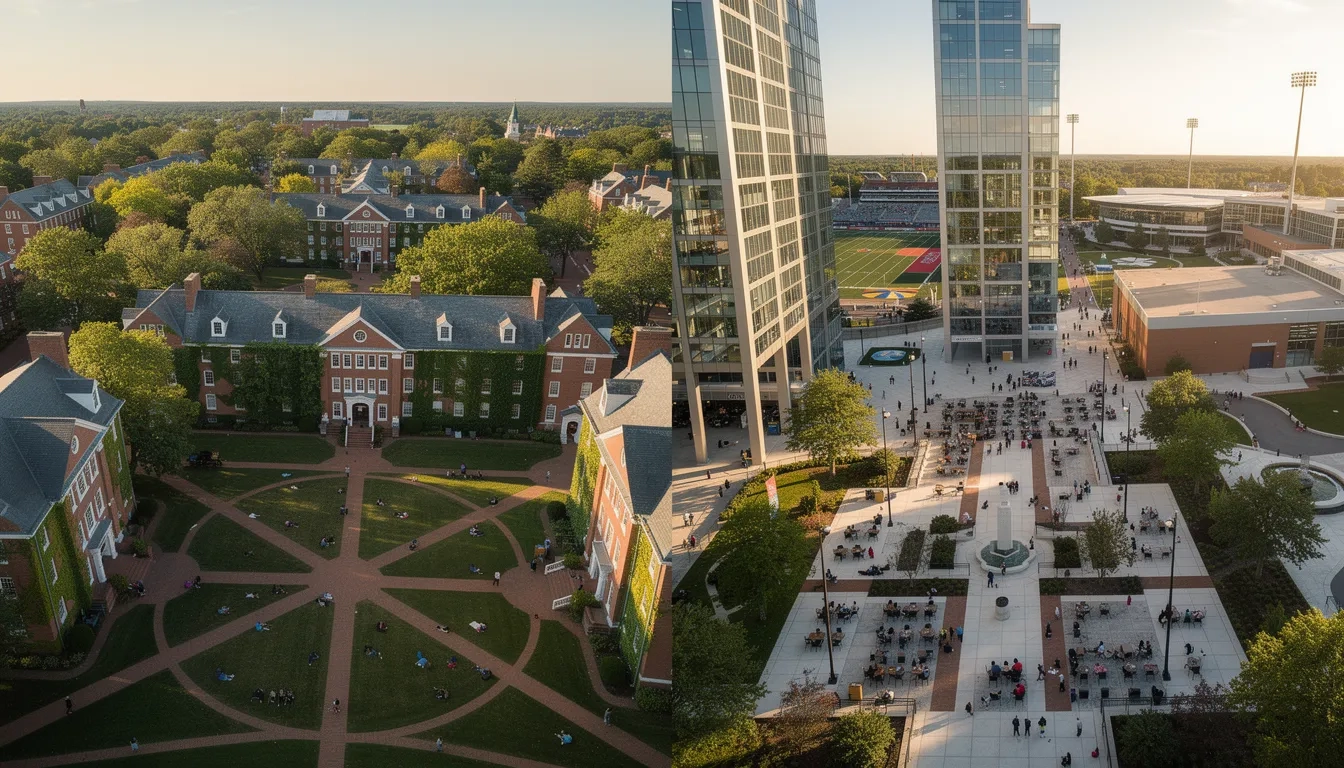 Aerial comparison of a liberal arts college campus and a large research university campus side by side