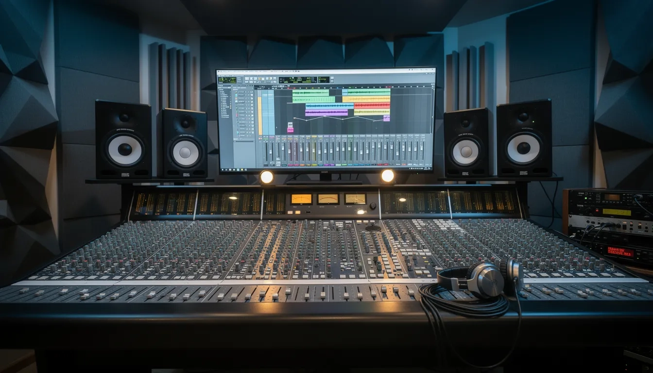 Professional music production studio with mixing console and DAW displays