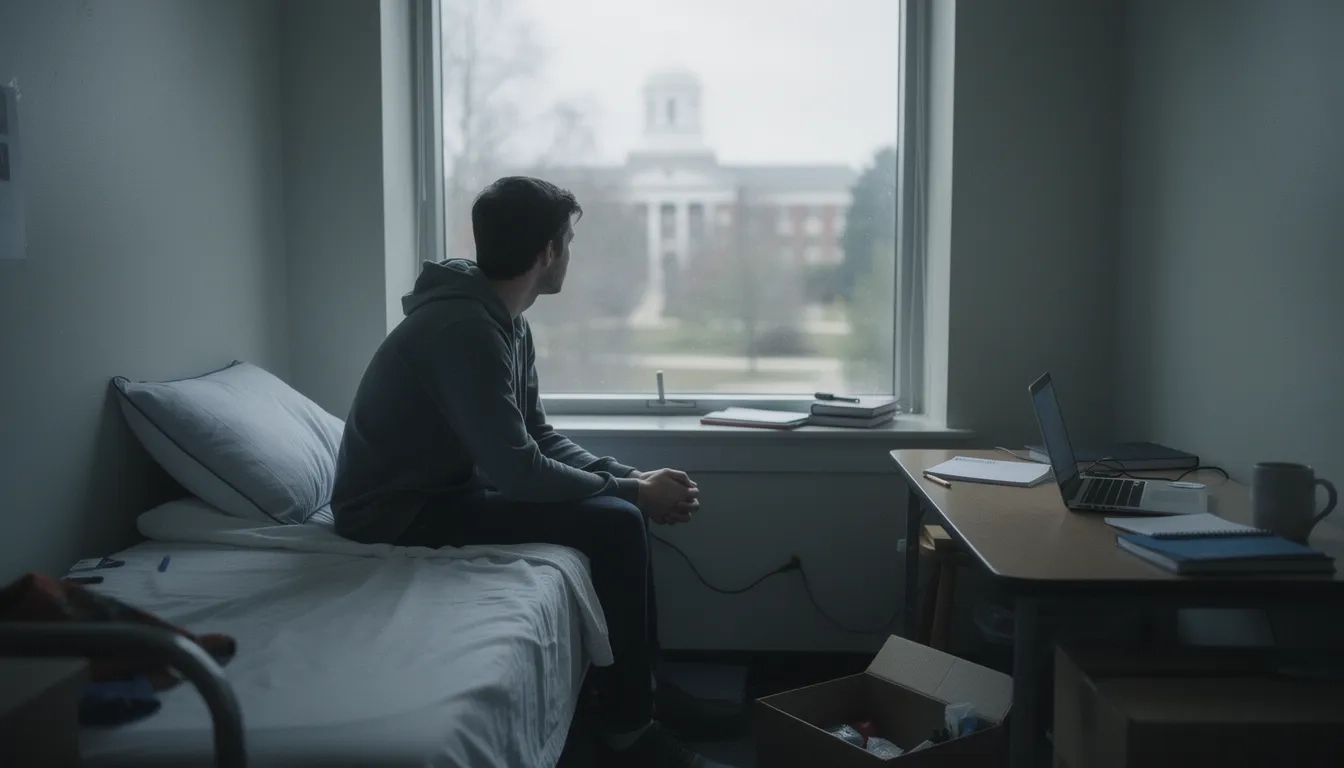 College student sitting alone in dorm room looking out window