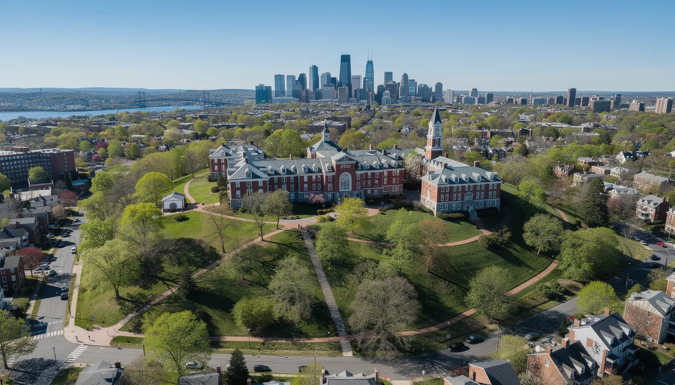 Aerial view of Tufts University campus with Boston skyline in the background