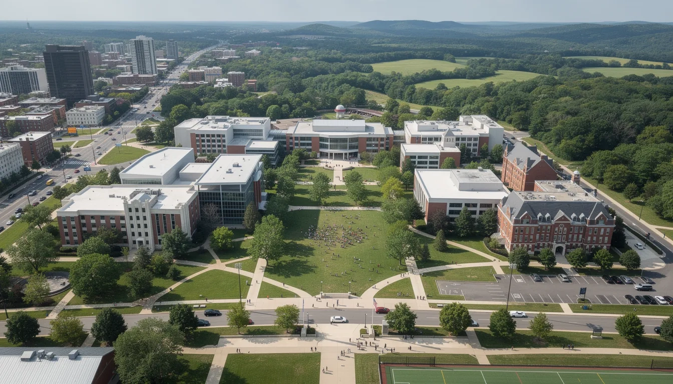 Aerial view of a college campus and its surrounding environment