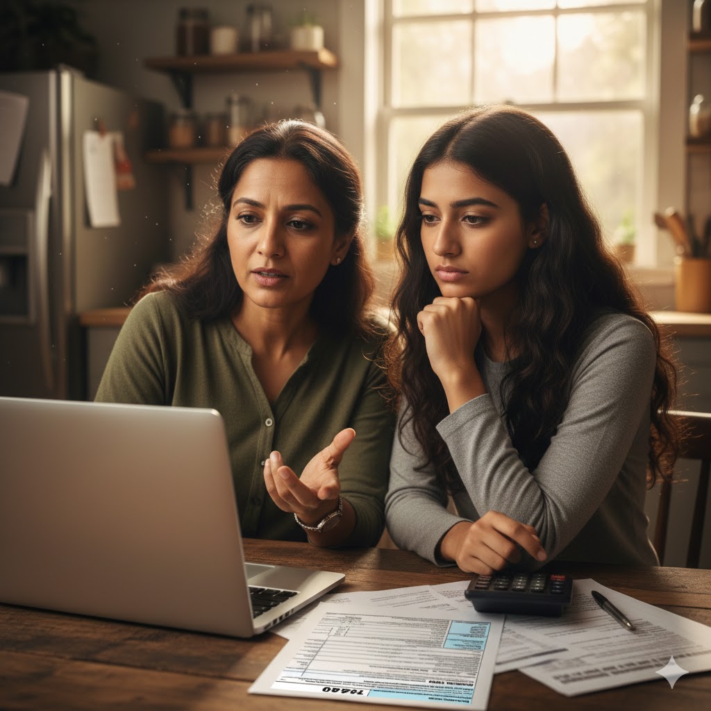 Mom and daughter applying for FAFSA on a laptop