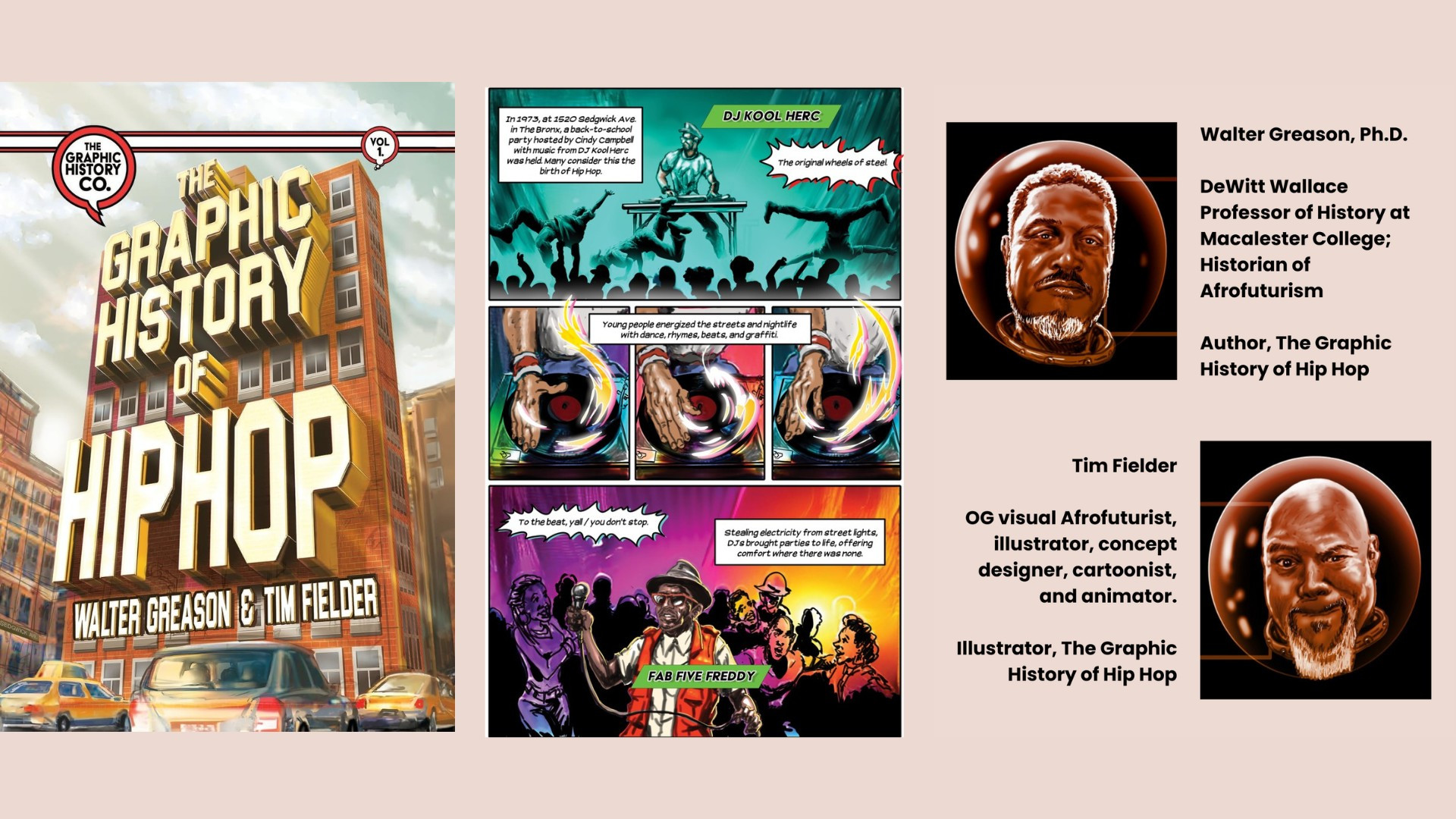 Cover of The Graphic History of Hip Hop graphic novel with a screenshot of a page featuring hip hop artists DJ Kool Herc and Fab Five Freddy. Illustrations of Walter Greason, PhD and Tim Fielder. Greason is the DeWitt Wallace Professor of History at Macalester College and a Historian of Afrofuturism. Tim Fielder is an OG visual Afrofuturist, illustrator, concept designer, cartoonist, and animator.