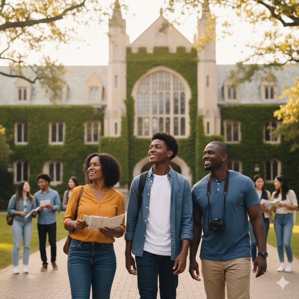 parents and teen son touring a college campus