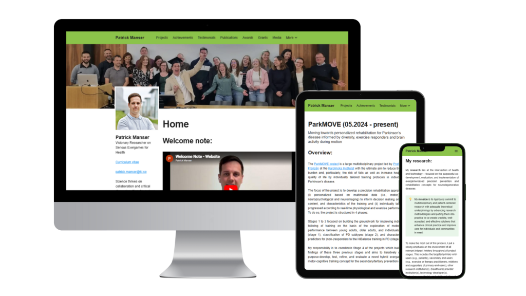 Patrick Manser website on Desktop (homepage), tablet (research project page), and mobile (homepage) screens