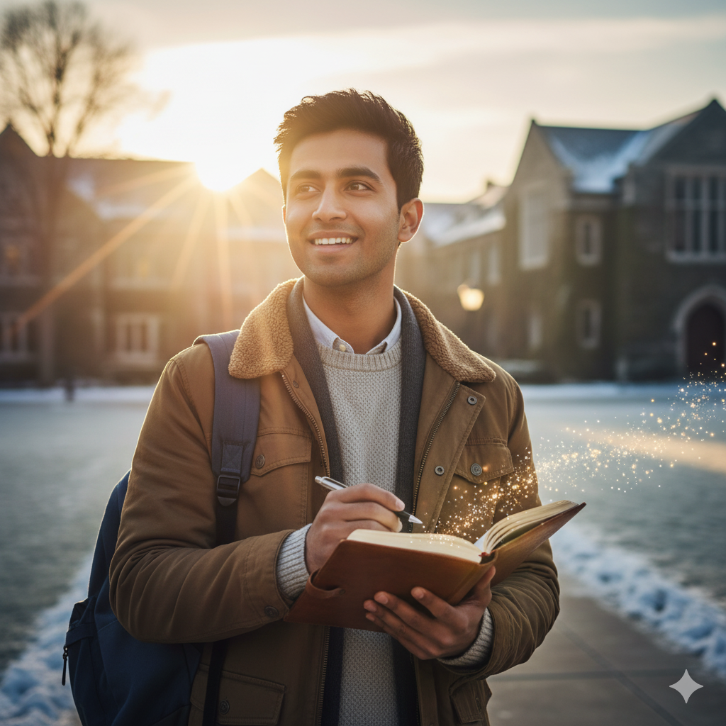 confident student walking outside and writing in a book