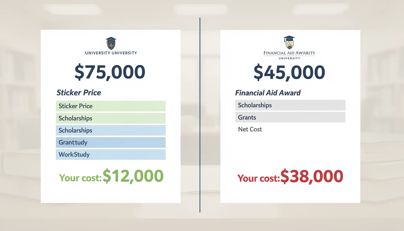 Two college financial aid award letters showing the gap between sticker price and net cost