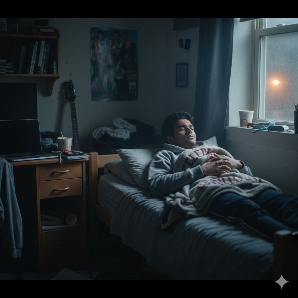 lonely student in his dorm room - feeling alone