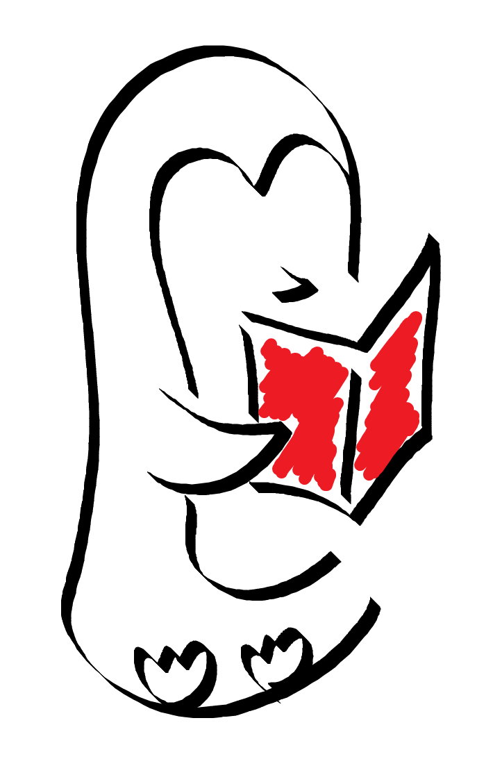 Black and White and Read All Over Logo, a cute penguin holding a red book.