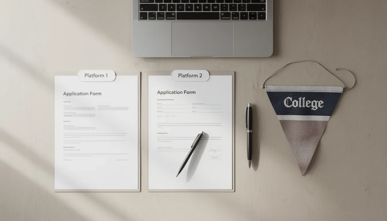 Three college application platforms side by side on a desk