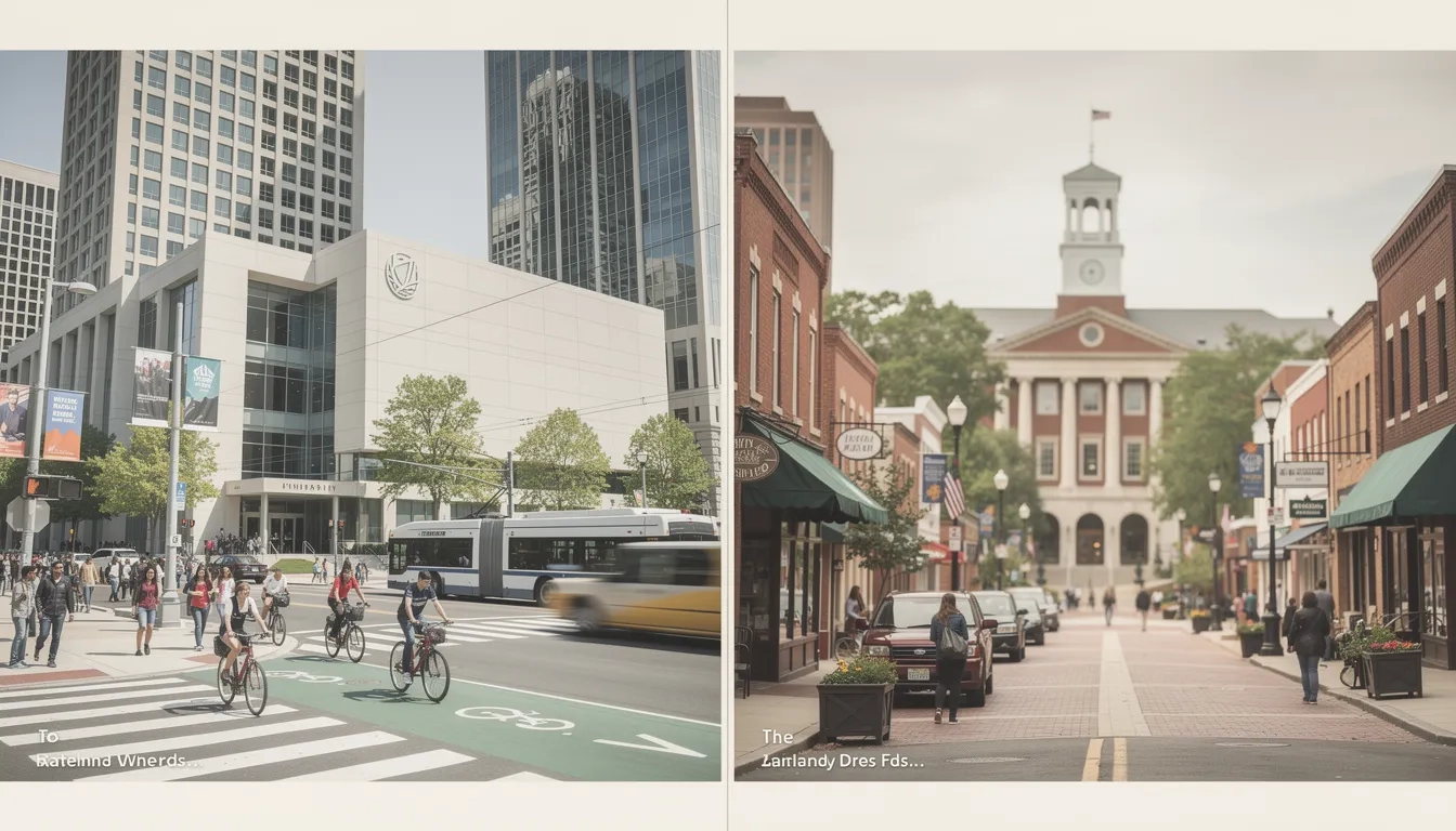 Two college town environments contrasted side by side illustrating different ranking methodologies