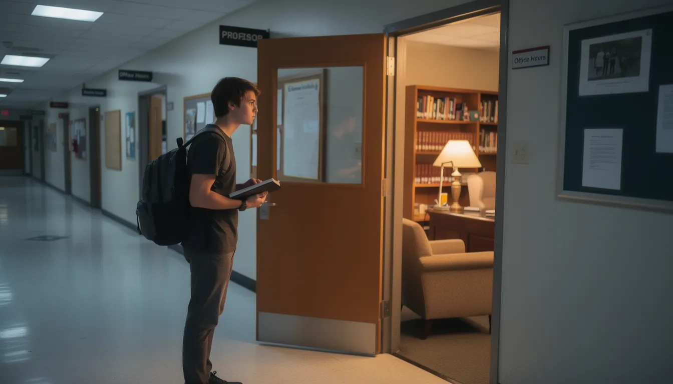 Student standing hesitantly outside an open office door